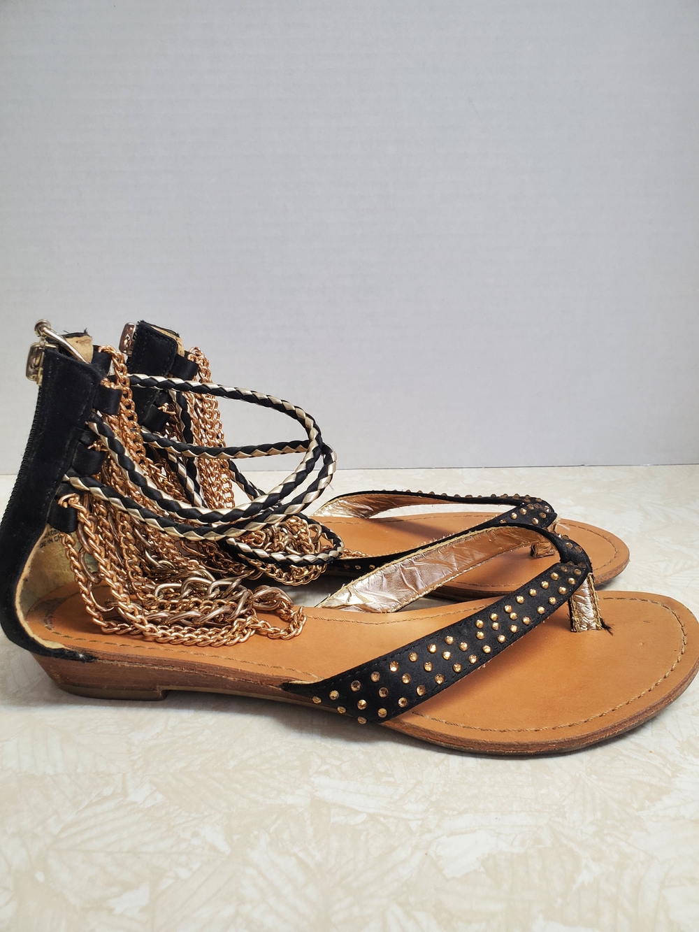 Zigi Soho Black and Gold Braided Chain Gladiator Sandals
